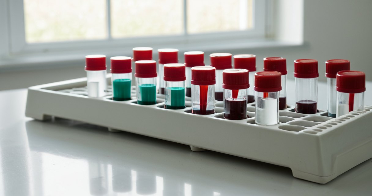 Blood collection tubes in a rack on a laboratory counter