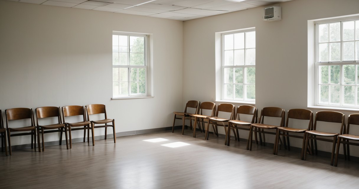 An empty clinic waiting room with wooden chairs and a large window