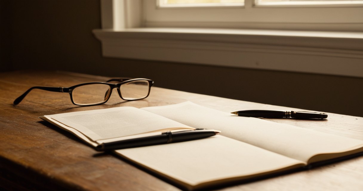 An insurance benefits booklet, a pen and reading glasses on a desk