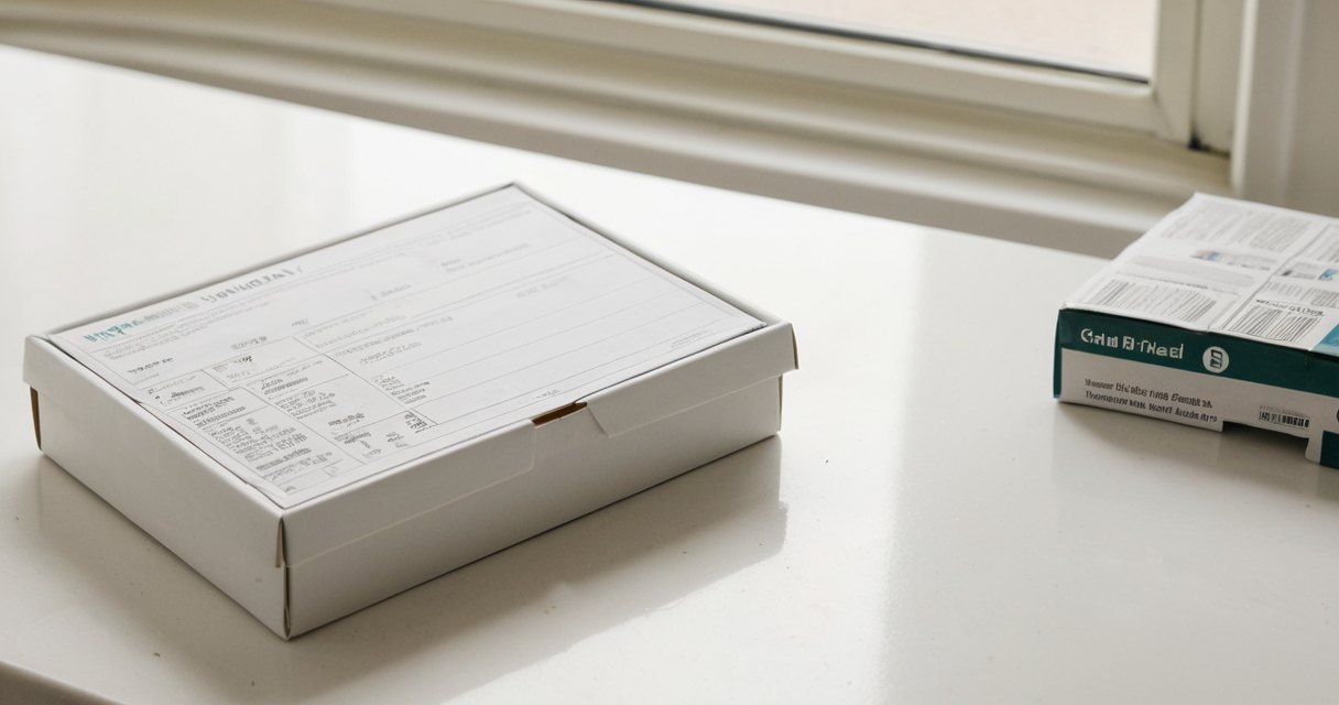 A pharmacy box and an information leaflet on a white counter