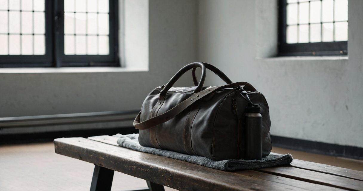 Gym bag and water bottle on a bench in an empty morning gym