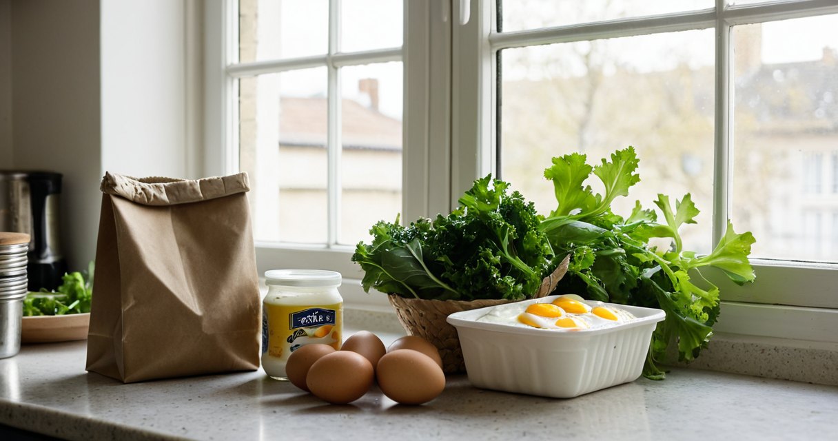 Groceries on a kitchen counter: eggs, yogurt, canned fish, lentils and greens