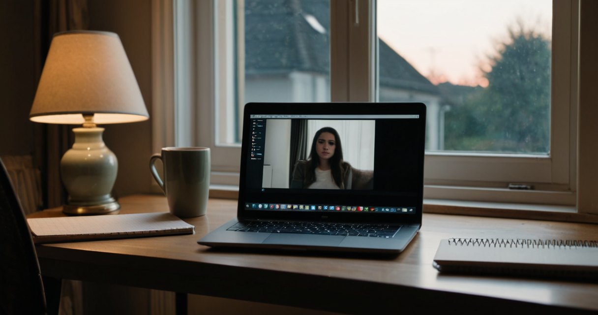 A laptop open to a video call window on a home desk