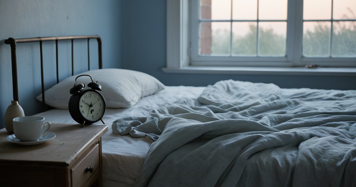 Bed by a window at dawn with an alarm clock on the side table