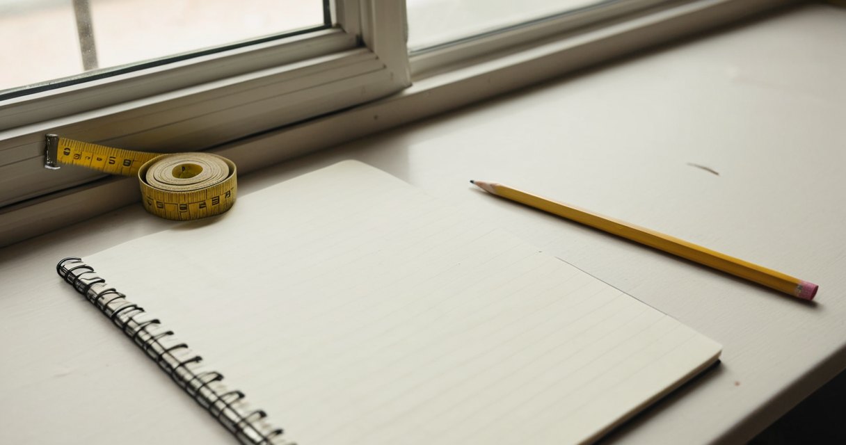 A measuring tape, notebook and pencil on a plain desk