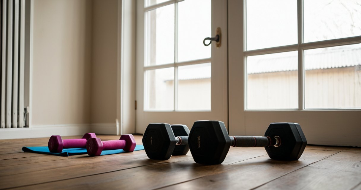 Dumbbells and a resistance band on a wooden floor by a window