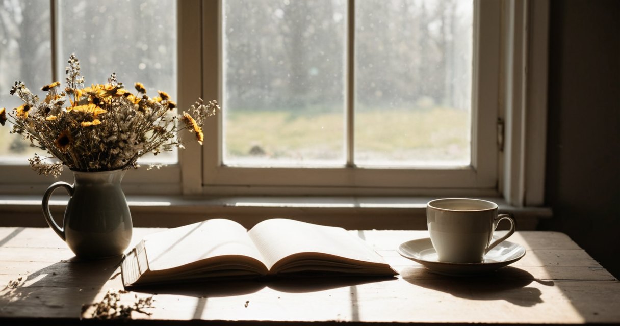 Kitchen table with tea, a notebook and dried flowers in morning light